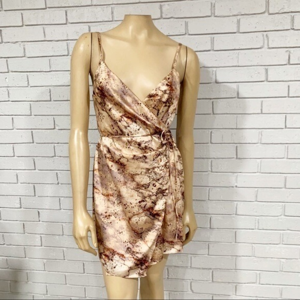 Zara Womens Marble Print Satin Wrap Mini Dress Brown Cream V-Neck NWT | Size M